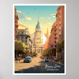 Buenos Aires Argentina Vintage Travel Illustration Poster
