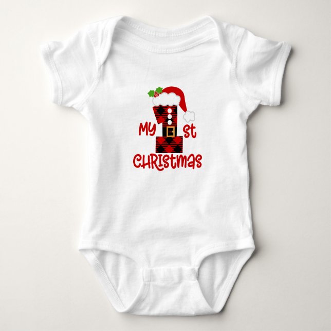 Bufalo Plaid First Christmas T-Shirt Baby Bodysuit (Front)