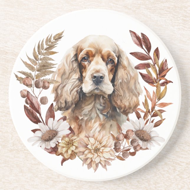 Buff American Cocker Spaniel Dog Autumn Wreath Coaster (Front)