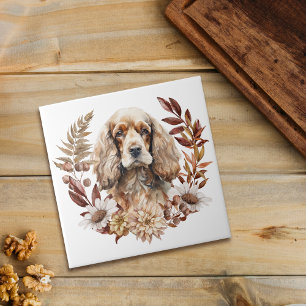 Buff American Cocker Spaniel Dog Autumn Wreath Tile