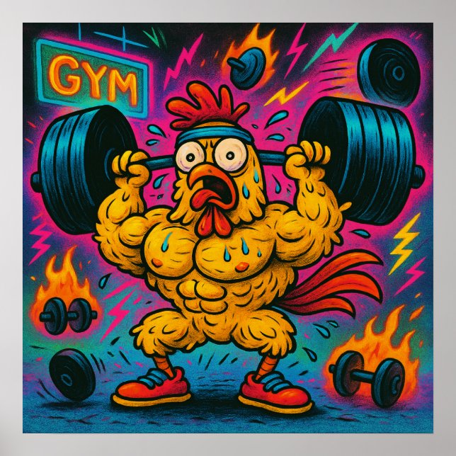 Buff Chicken Lifting Weights Poster (Front)