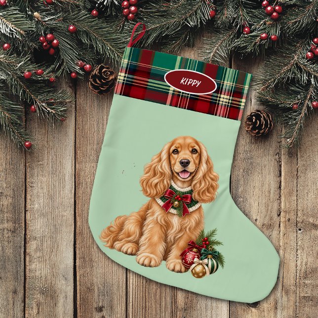 Buff Cocker Spaniel Dog Plaid Border  Large Christmas Stocking (Creator Uploaded)