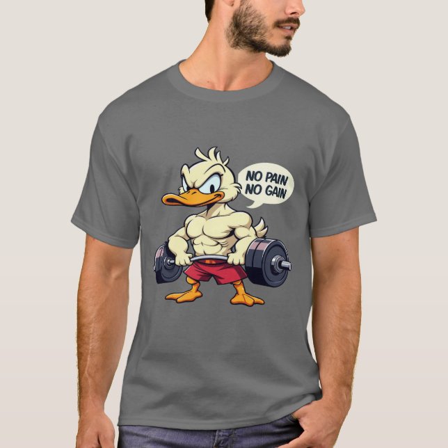 Buff Duck No Pain No Gain Gym Workout Cartoon T-Shirt (Front)