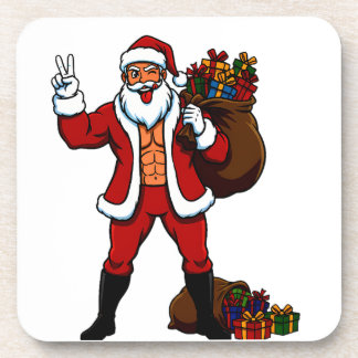 Buff Santa Peace Sign! Ripped Abs & Funny Christma Coaster