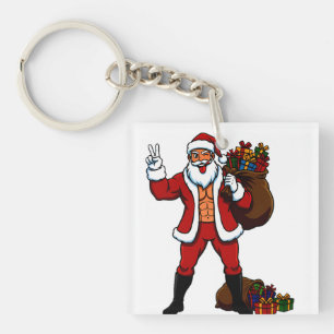 Buff Santa Peace Sign! Ripped Abs & Funny Christma Key Ring