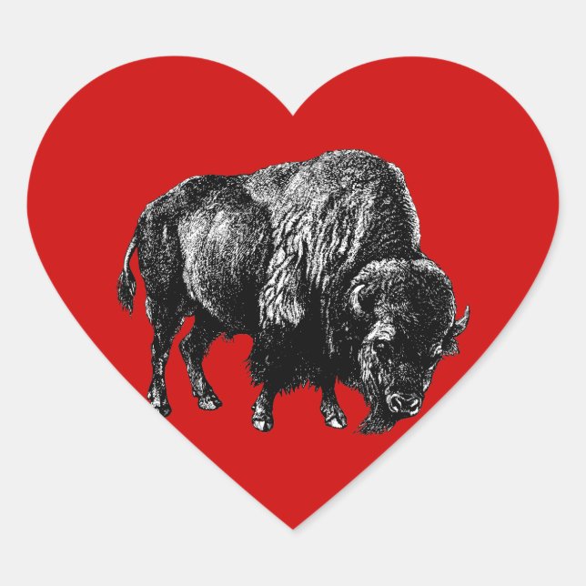 Buffalo American Bison Vintage Wood Engraving Heart Sticker (Front)