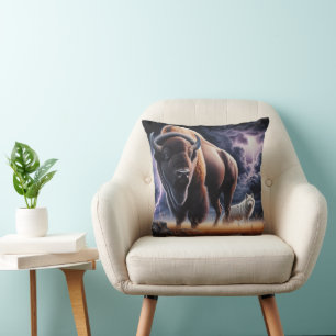Buffalo and Wolf in a Thunderstorm with Lightning  Cushion