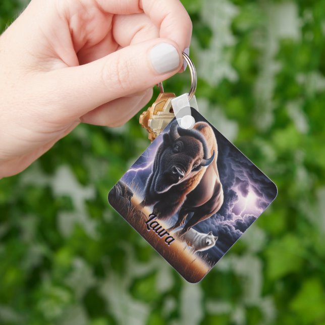 Buffalo and Wolf in a Thunderstorm with Lightning Key Ring (Hand)