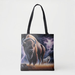 Buffalo and Wolf in a Thunderstorm with Lightning  Tote Bag