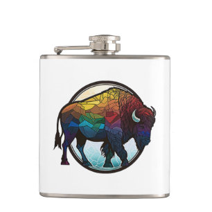 Buffalo Animal Portrait Stained Glass Wildlife Art Hip Flask