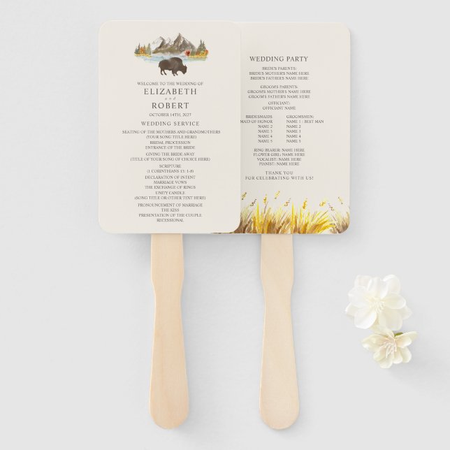 Buffalo Autumn Mountain Wedding Program Hand Fan (Front and Back)