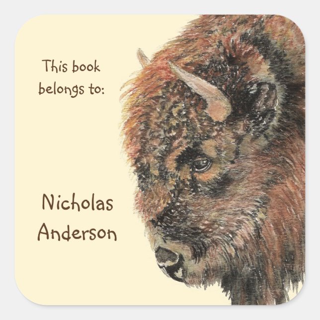 Buffalo Bison Animal Nature art Custom Bookplate Square Sticker (Front)