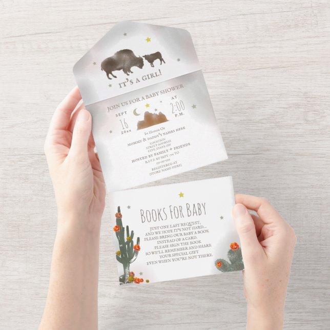 Buffalo Bison Cactus Book Request Girl Baby Shower All In One Invitation (Tearaway)