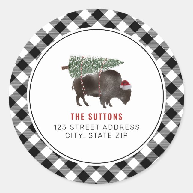 Buffalo Bison Christmas Tree Plaid Address Classic Round Sticker (Front)