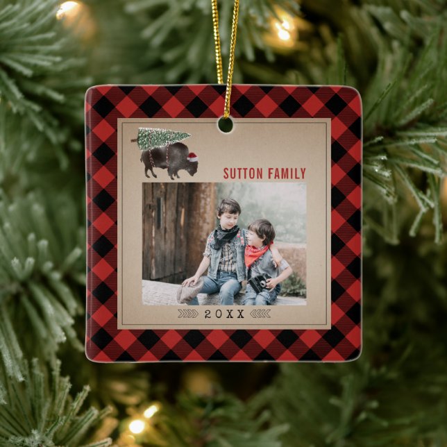Buffalo Bison Christmas Tree Red Plaid Photo Ceramic Ornament (Tree)
