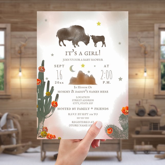 Buffalo Bison Desert Cactus Girl Baby Shower Invitation (Creator Uploaded)