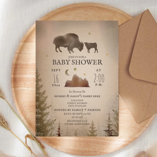 Buffalo Bison Desert Evergreen Baby Shower Rustic  Invitation (Creator Uploaded)