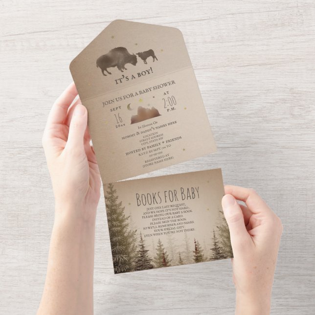 Buffalo Bison Evergreen Book Request Baby Shower All In One Invitation (Tearaway)