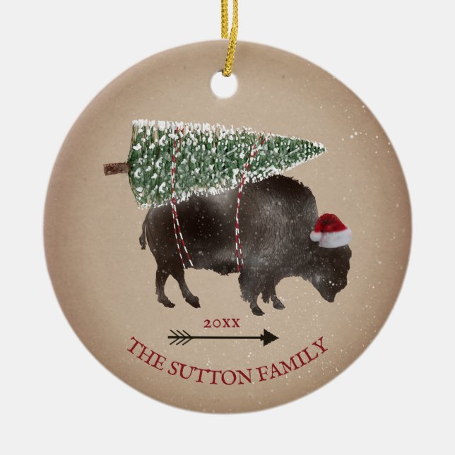 Buffalo Bison Santa Arrow Snow Christmas Tree Ceramic Tree Decoration (Front)