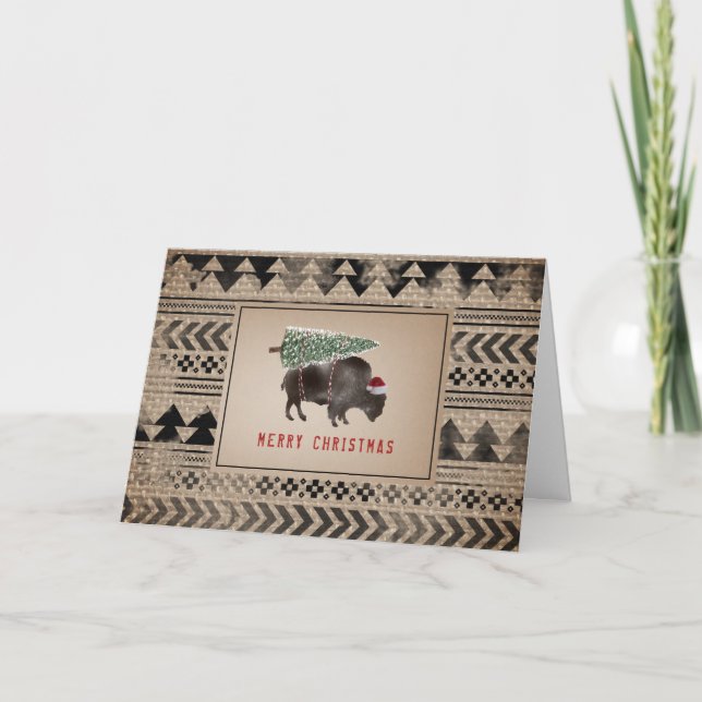 Buffalo Bison Santa Merry Christmas Tree Burlap Holiday Card (Front)