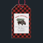 Buffalo Bison Santa Merry Christmas Tree Red Plaid Gift Tags<br><div class="desc">Illustration of a buffalo wearing a santa hat with a snow covered Christmas tree tied to its back.  Border is black and red buffalo plaid pattern.</div>