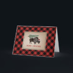 Buffalo Bison Santa Merry Christmas Tree Rustic Holiday Card<br><div class="desc">Illustration of a buffalo wearing a santa hat with a snow covered Christmas tree tied to its back.  Border is red and black buffalo plaid pattern.</div>
