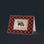 Buffalo Bison Santa Merry Christmas Tree Rustic Holiday Card<br><div class="desc">Illustration of a buffalo wearing a santa hat with a snow covered Christmas tree tied to its back.  Border is red and black buffalo plaid pattern.</div>