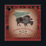 Buffalo Bison Santa Merry Christmas Tree Snow Favo Favour Tags<br><div class="desc">Illustration of a buffalo wearing a santa hat with a snow covered Christmas tree tied to its back.  Snow speckle and cardstock inspired background with arrow design.</div>