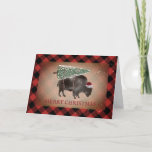 Buffalo Bison Santa Snow Merry Christmas Plaid Holiday Card<br><div class="desc">Illustration of a buffalo wearing a santa hat with a snow covered Christmas tree tied to its back.  Border is plaid design.  Snow speckle and cardstock inspired background with arrow design on inside.</div>