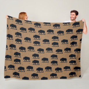 Buffalo Bison Silhouette Grassland Pattern Fleece Blanket