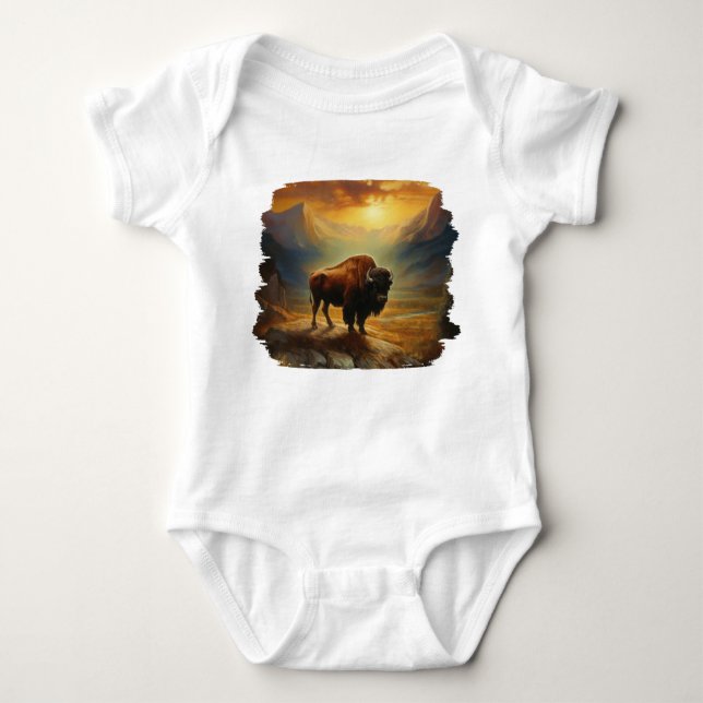 Buffalo Bison Sunset Silhouette Baby Bodysuit (Front)
