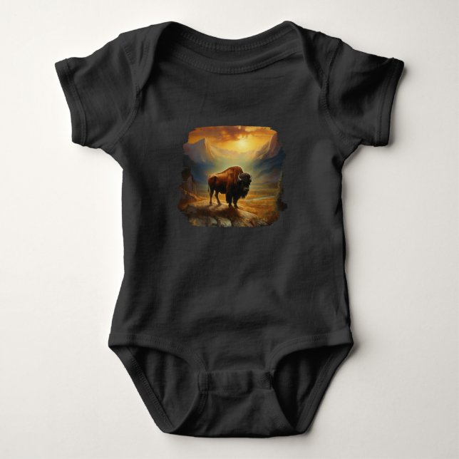 Buffalo Bison Sunset Silhouette Baby Bodysuit (Front)