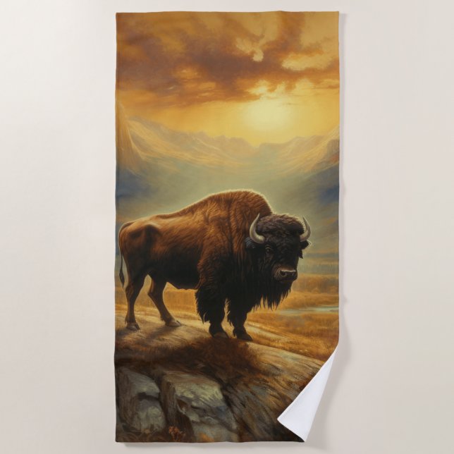 Buffalo Bison Sunset Silhouette Beach Towel (Front)