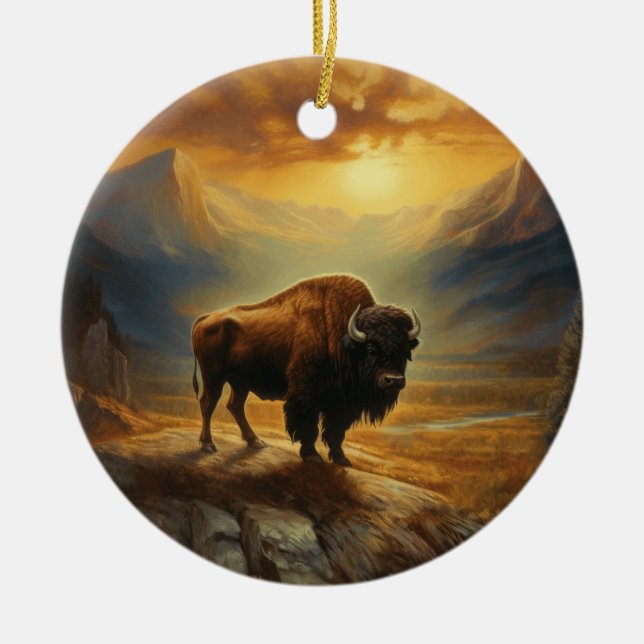 Buffalo Bison Sunset Silhouette  Ceramic Tree Decoration (Front)
