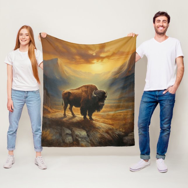 Buffalo Bison Sunset Silhouette Fleece Blanket (In Situ)