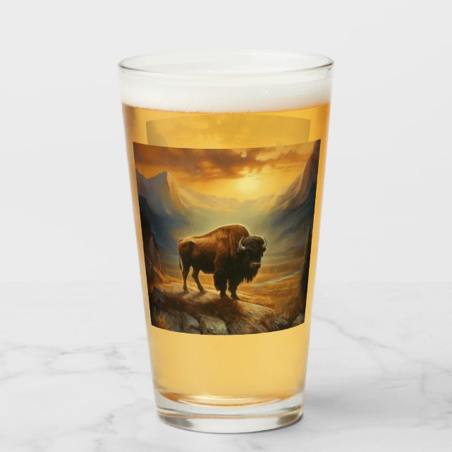 Buffalo Bison Sunset Silhouette  Glass (Front Filled)