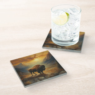Buffalo Bison Sunset Silhouette  Glass Coaster
