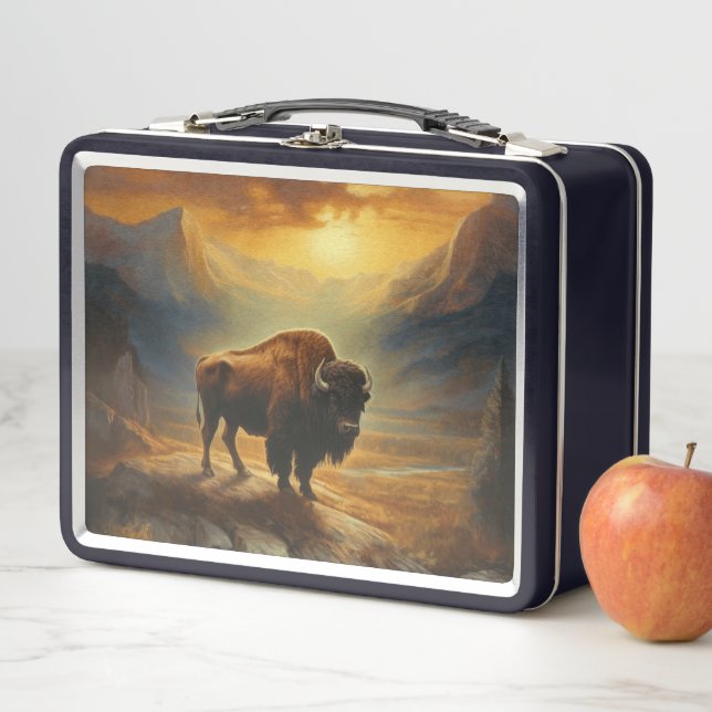 Buffalo Bison Sunset Silhouette  Metal Lunch Box (In Situ)