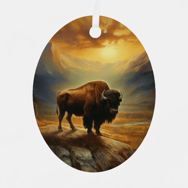 Buffalo Bison Sunset Silhouette  Metal Tree Decoration (Front)