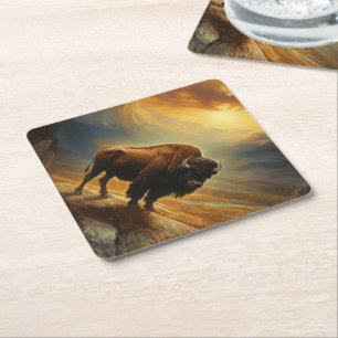 Buffalo Bison Sunset Silhouette  Paper Coaster