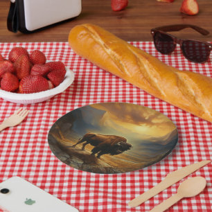 Buffalo Bison Sunset Silhouette Paper Plate