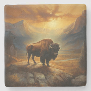 Buffalo Bison Sunset Silhouette Stone Coaster