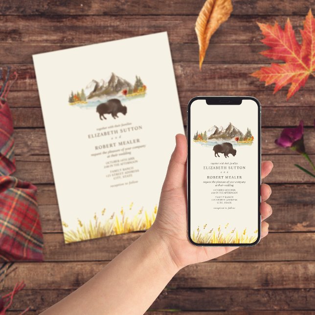 Buffalo Bison Watercolor Mountains Autumn Wedding  Invitation (Creator Uploaded)