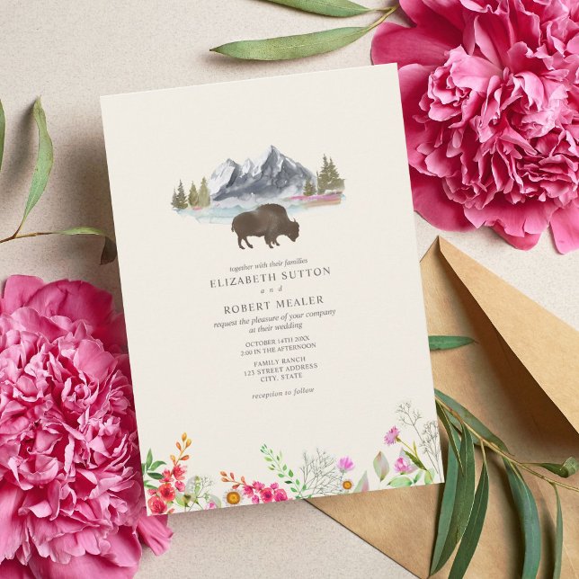 Buffalo Bison Watercolor Mountains Floral Wedding  Invitation (Creator Uploaded)
