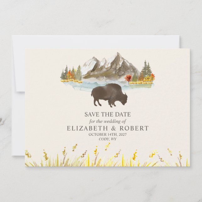 Buffalo Bison Watercolor Mountains Wedding Save The Date (Front)