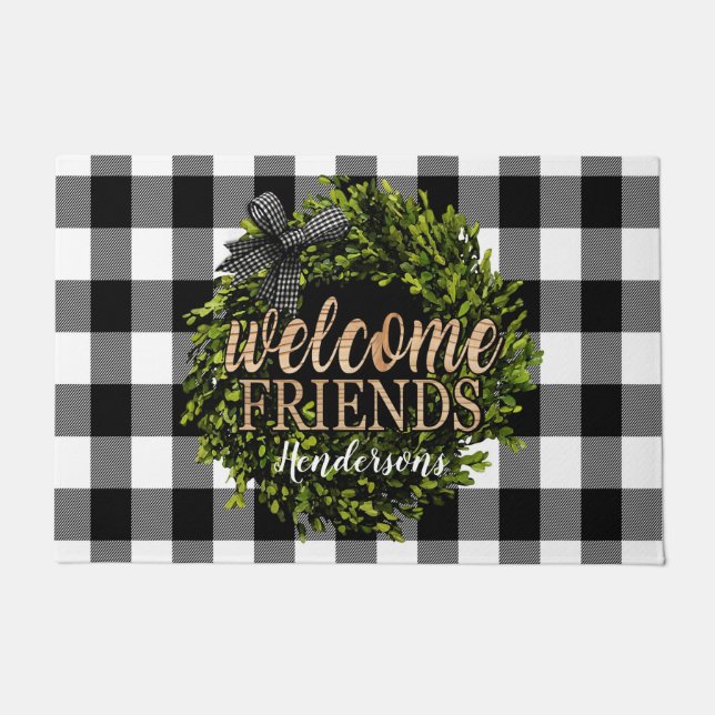 Buffalo Check Black and White Boxwood Wreath Doormat (Front)