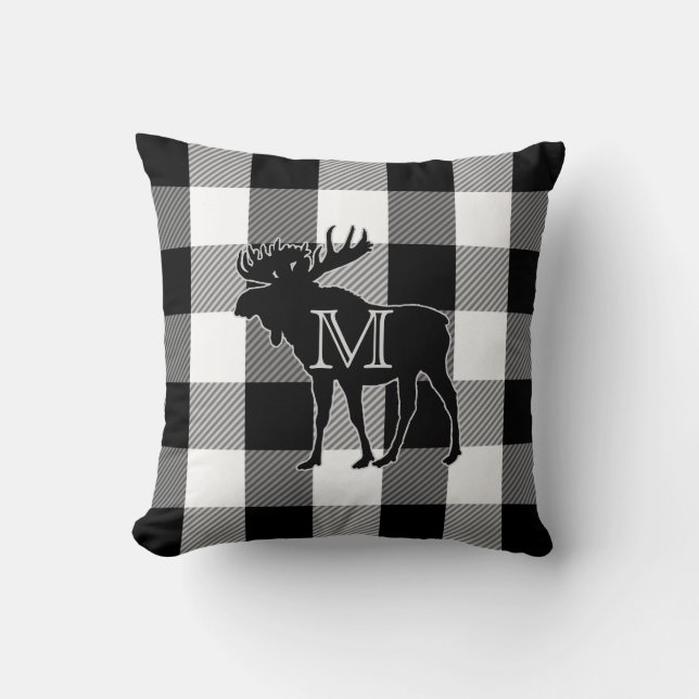 Buffalo Check Black White | Monogrammed Moose Cushion (Front)