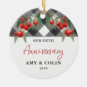 Buffalo Check Black White Plaid Anniversary Dated Ceramic Tree Decoration