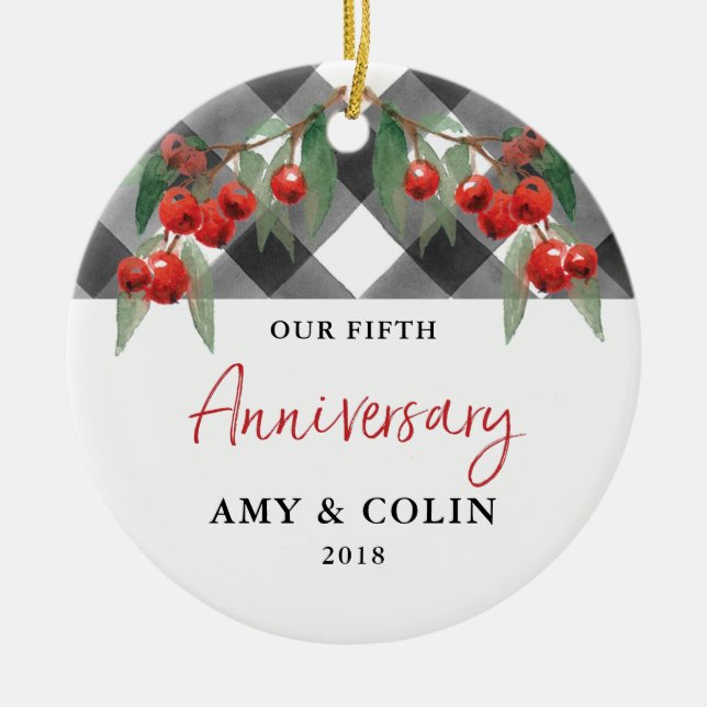 Buffalo Check Black White Plaid Anniversary Dated Ceramic Tree Decoration (Front)