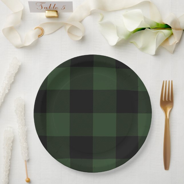 Buffalo Check Celtic Green and Black Squares Plaid Paper Plate (Wedding)